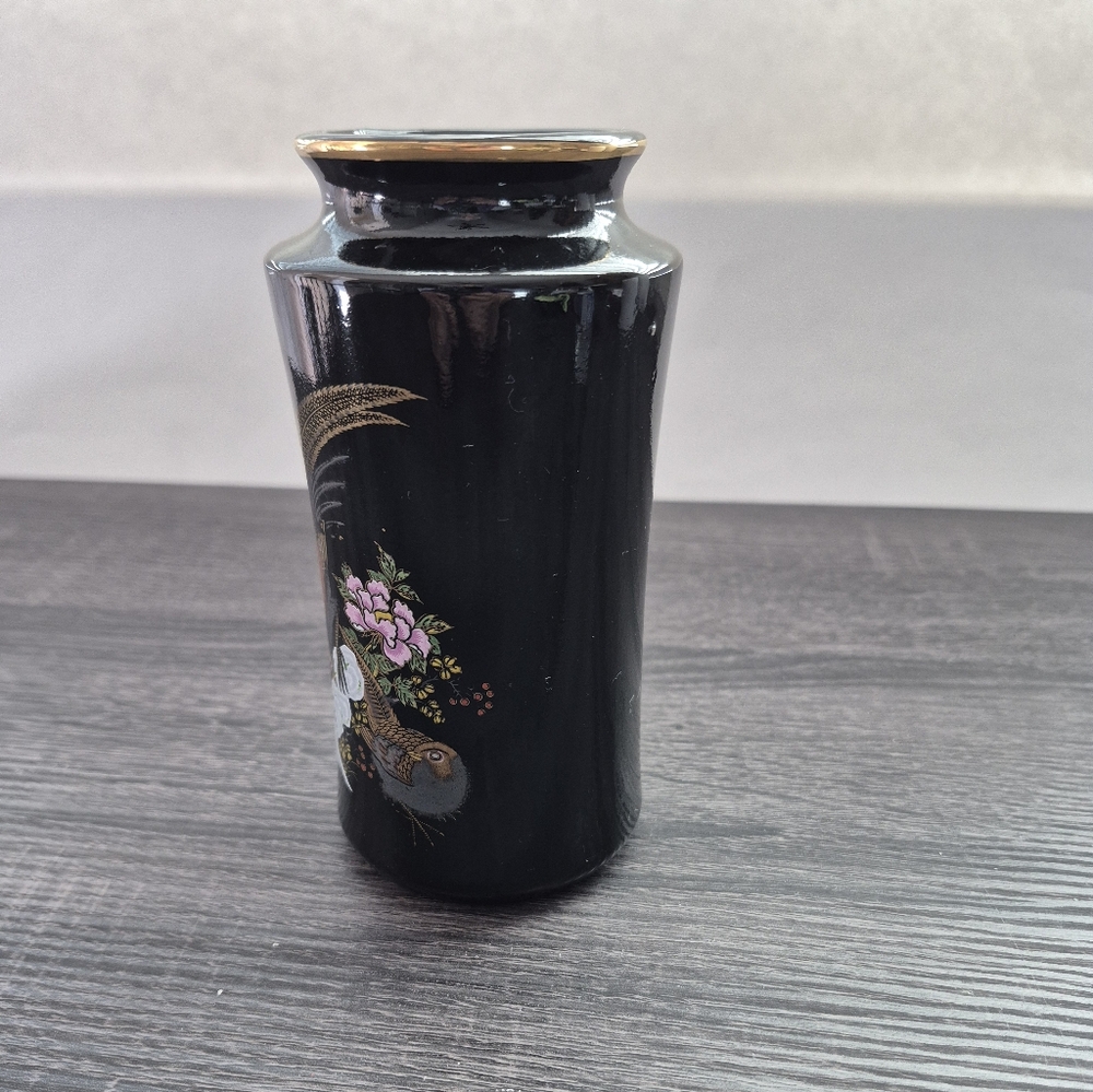 Japanese Black Vase with Floral and Bird Design - Picture 2 of 7